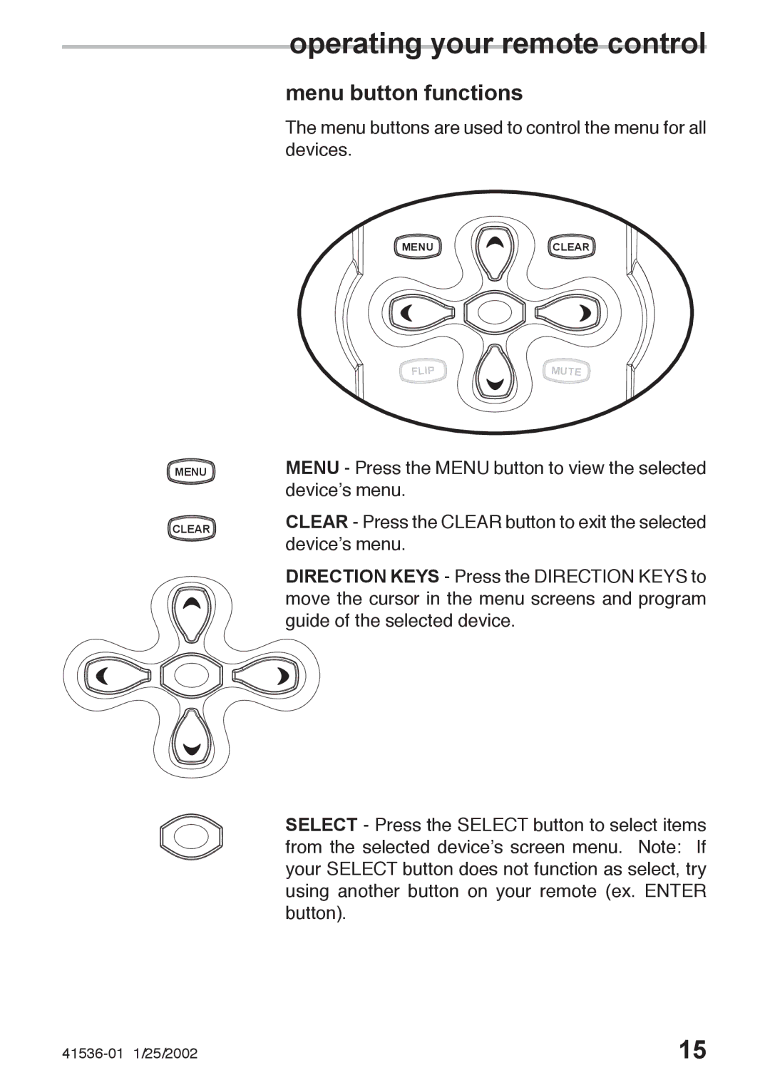 Hunter Fan 41536-01, 27177 owner manual Menu buttons are used to control the menu for all devices 