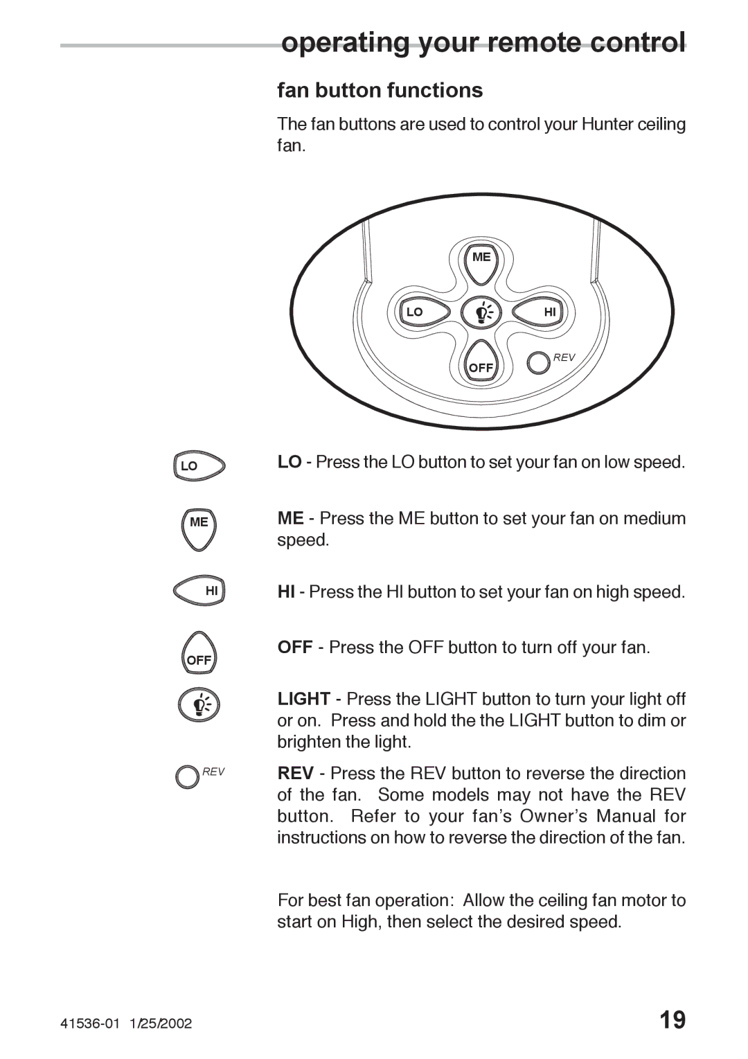 Hunter Fan 41536-01, 27177 owner manual Fan buttons are used to control your Hunter ceiling fan 