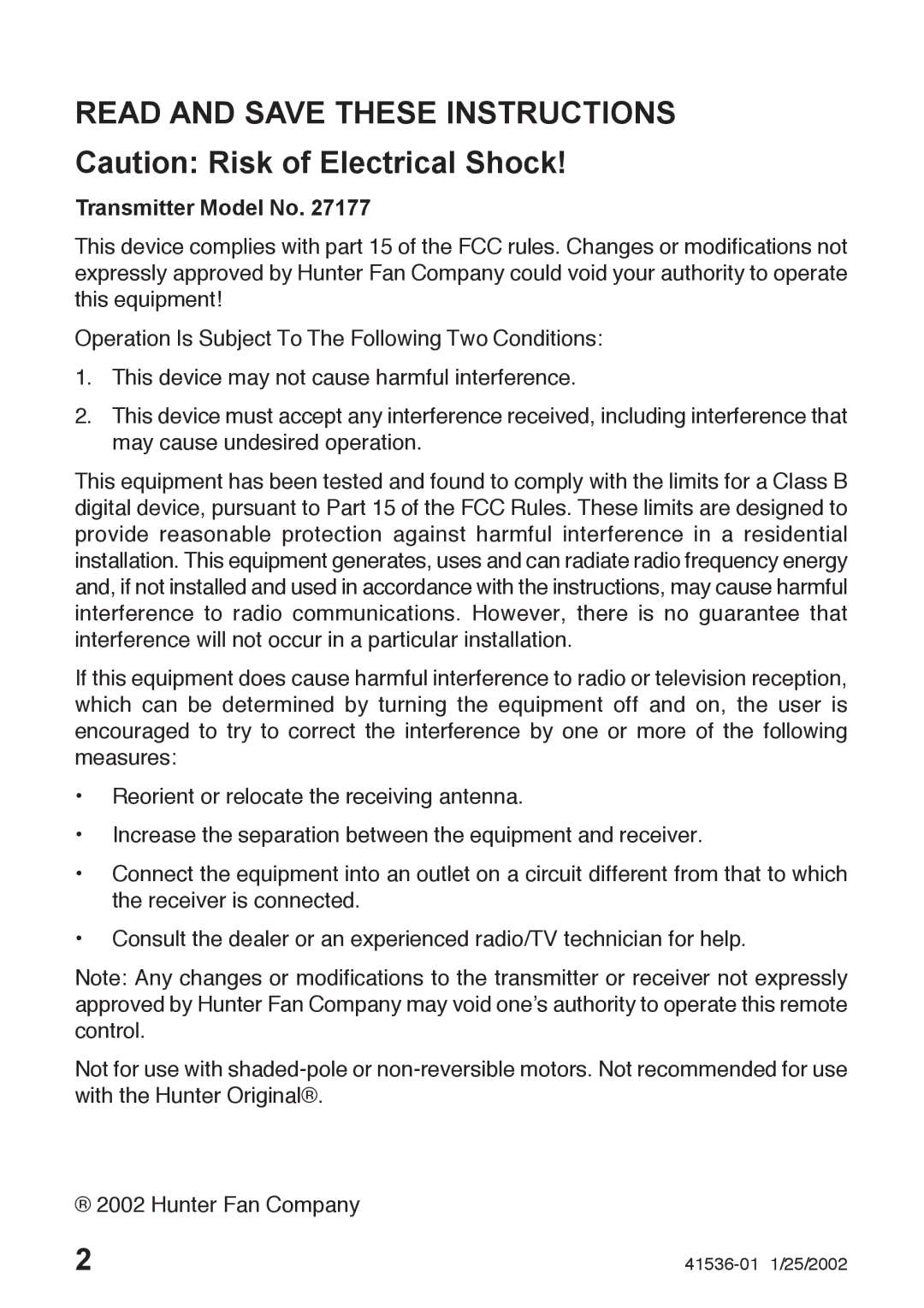 Hunter Fan 27177, 41536-01 owner manual Read and Save These Instructions 