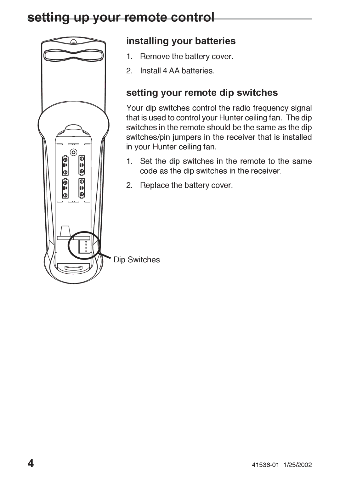 Hunter Fan 27177, 41536-01 owner manual Setting up your remote control 