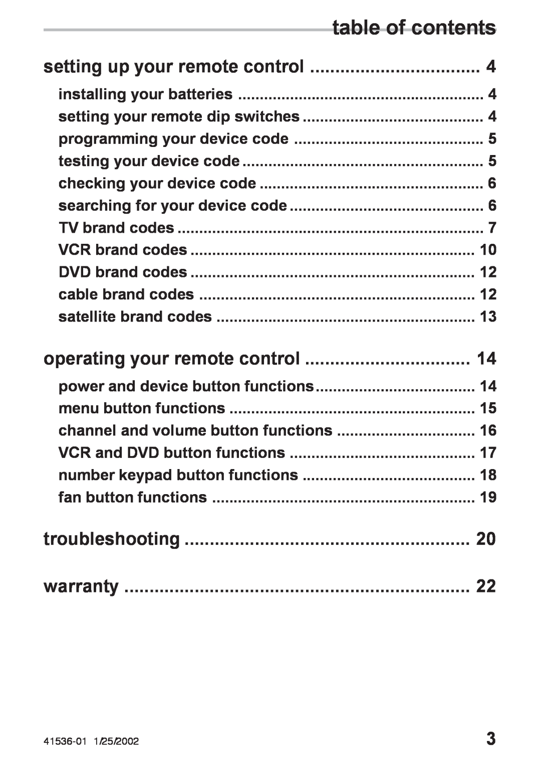 Hunter Fan 41536-01 table of contents, setting up your remote control, operating your remote control, troubleshooting 