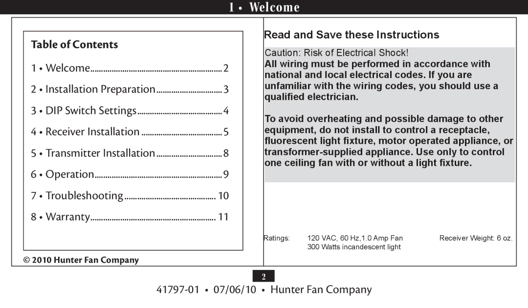 Hunter Fan 27188, 27184 installation manual Welcome, Table of Contents 