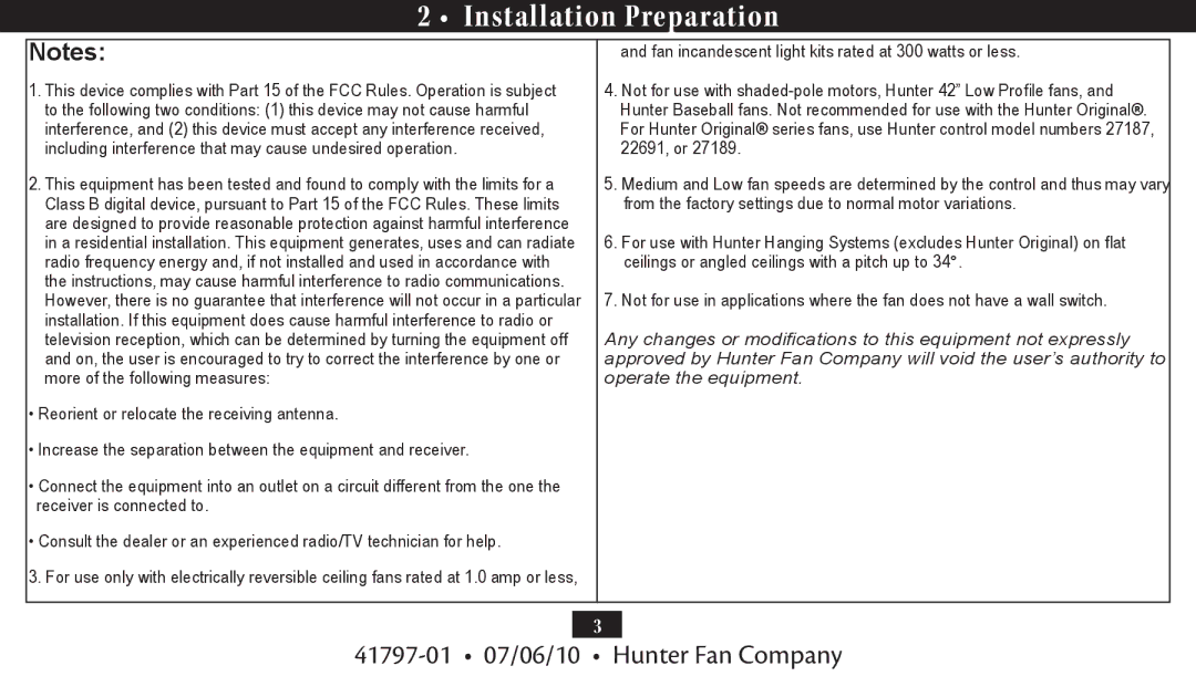 Hunter Fan 27184, 27188 installation manual Installation Preparation 