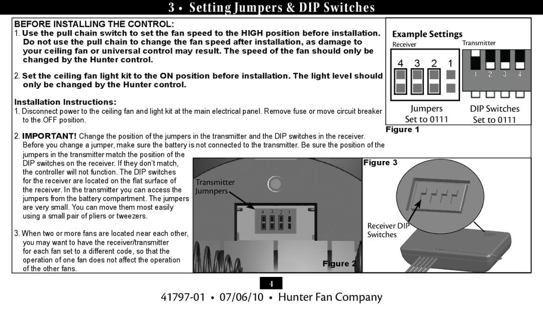 Hunter Fan 27188, 27184 installation manual Setting Jumpers & DIP Switches, Before Installing the Control 