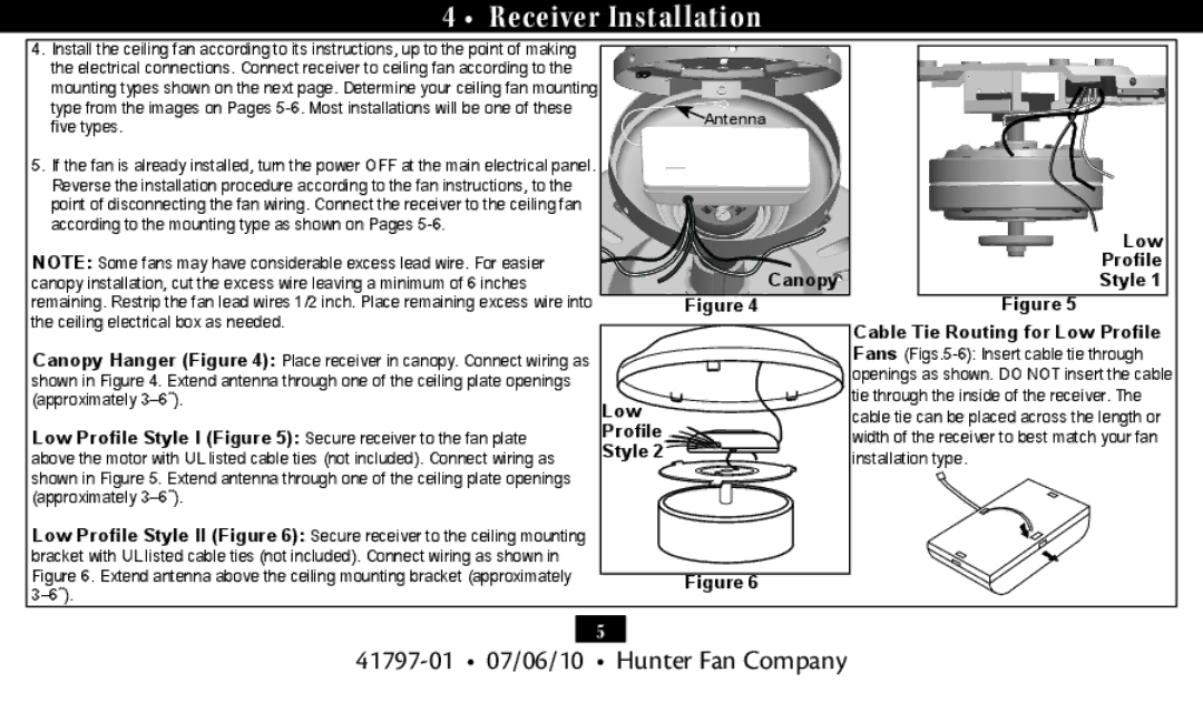 Hunter Fan 27184, 27188 Receiver Installation, Canopy Low Profile Style Cable Tie Routing for Low Profile 