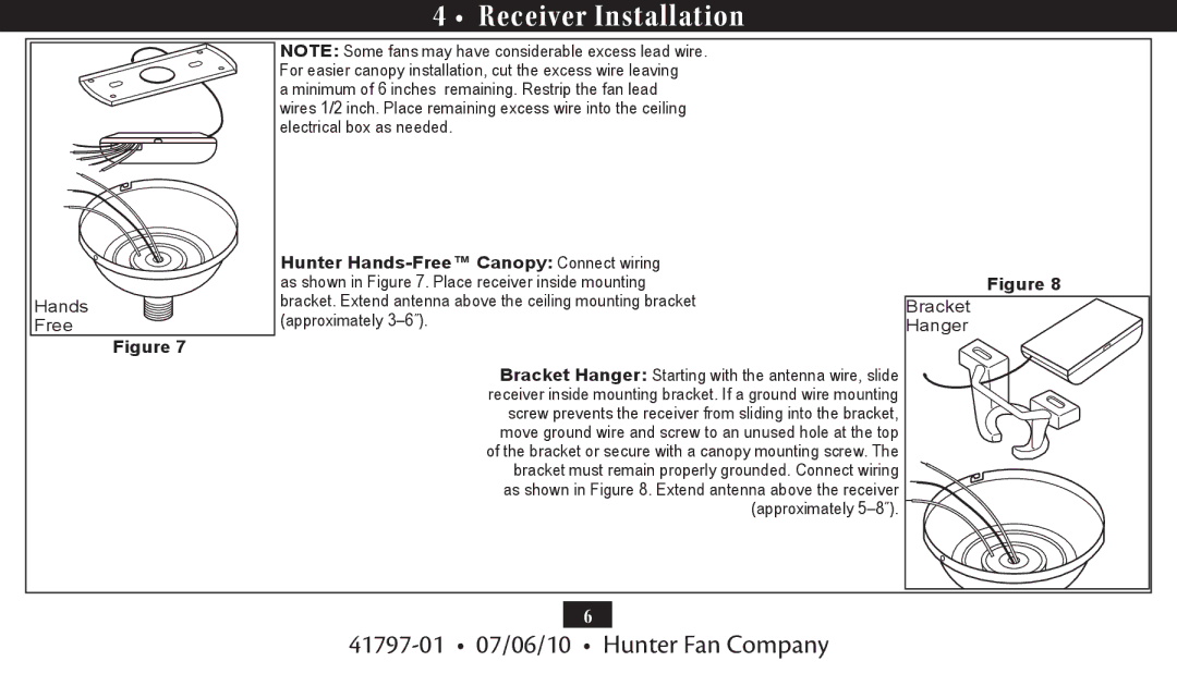 Hunter Fan 27188, 27184 installation manual Receiver Installation 