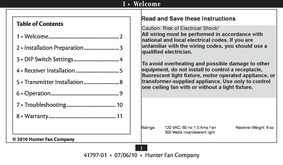 Hunter Fan 27188, 27184 installation manual Welcome, Table of Contents 