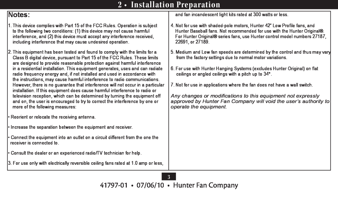 Hunter Fan 27184, 27188 installation manual Installation Preparation, 41797-01 07/06/10 Hunter Fan Company 
