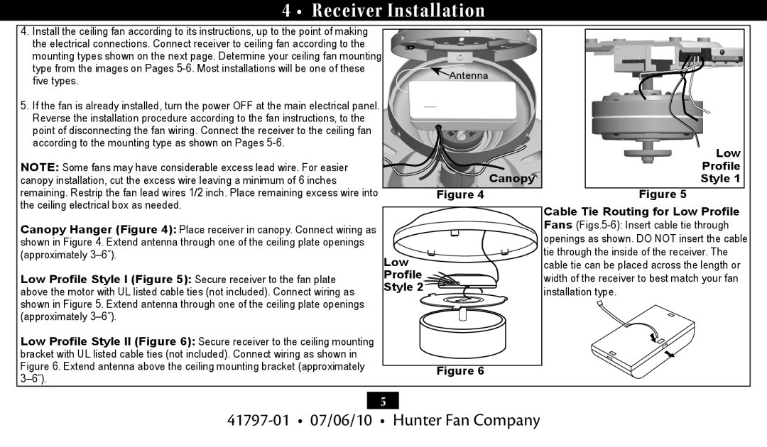 Hunter Fan 27184 Receiver Installation, 41797-01 07/06/10 Hunter Fan Company, Canopy Figure Low Profile Style Figure 