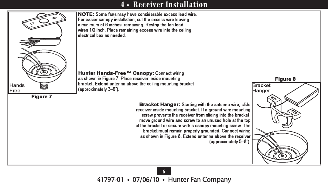 Hunter Fan 27188, 27184 installation manual Receiver Installation, 41797-01 07/06/10 Hunter Fan Company 