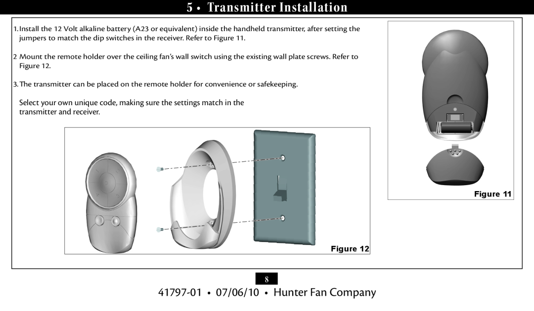 Hunter Fan 27188, 27184 installation manual Transmitter Installation, 41797-01 07/06/10 Hunter Fan Company 