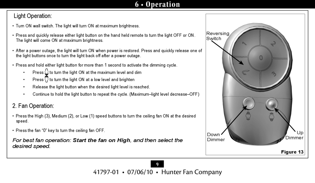 Hunter Fan 27184, 27188 installation manual 41797-01 07/06/10 Hunter Fan Company, Light Operation, Fan Operation 