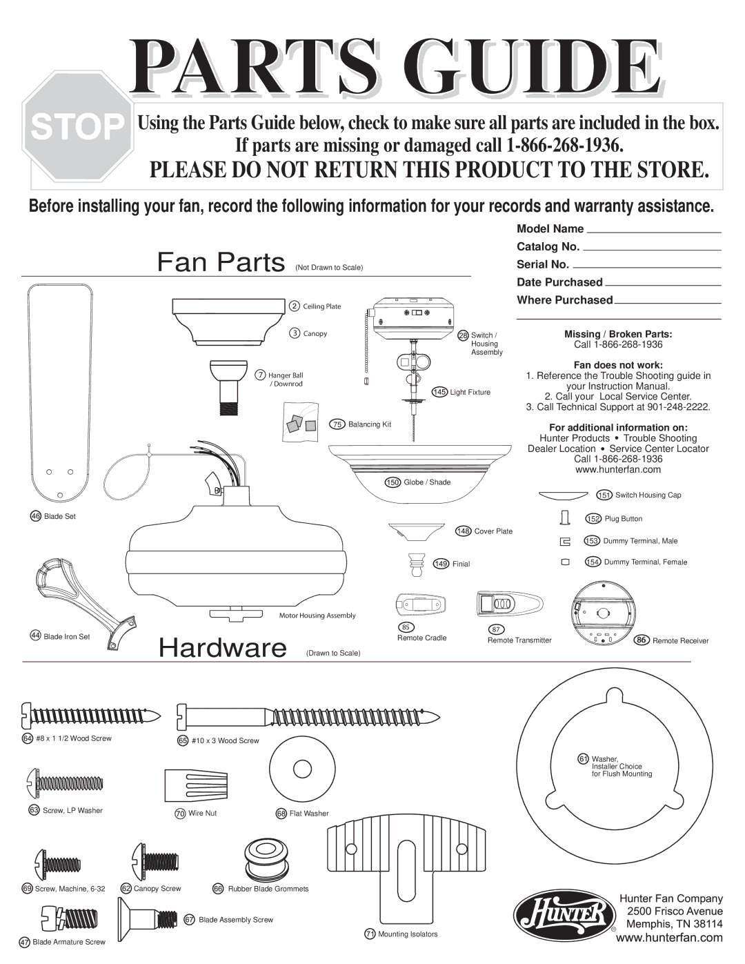 Hunter Fan 27576 warranty Parts Guide, Hardware, If parts are missing or damaged call 