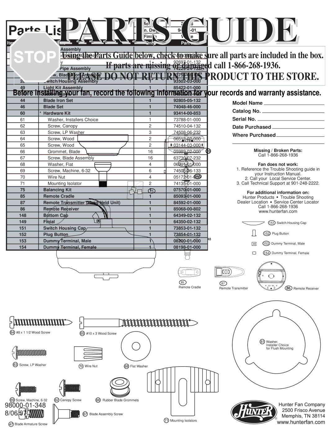 Hunter Fan 27576 warranty Parts List, Item # Item Name Qnty 