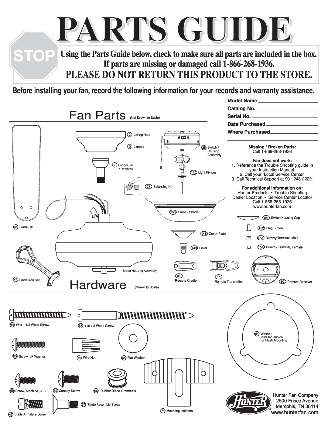 Hunter Fan 27576 warranty Parts Guide, Hardware, If parts are missing or damaged call, Model Name, Catalog No, Serial No 