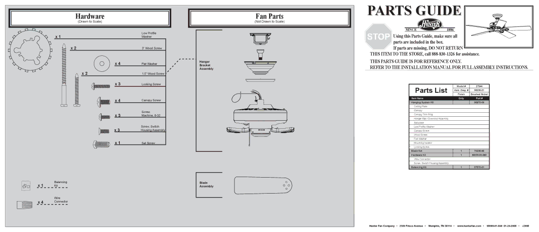 Hunter Fan 27944 installation manual Hardware, Fan Parts, Parts List, Not Drawn to Scale 