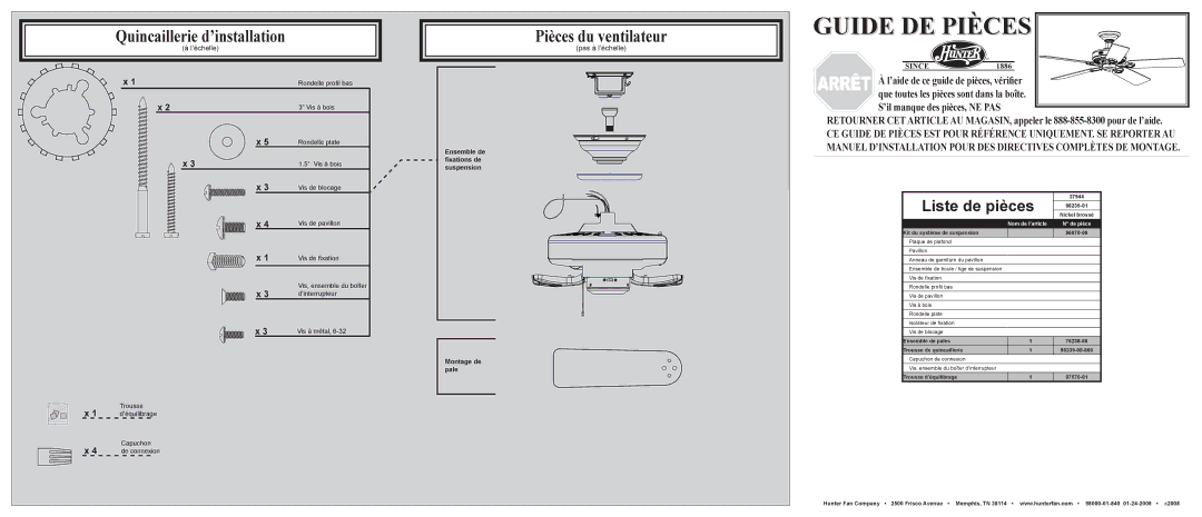 Hunter Fan 27944 Quincaillerie d’installation, Pièces du ventilateur, Liste de pièces, Pas à l’échelle 