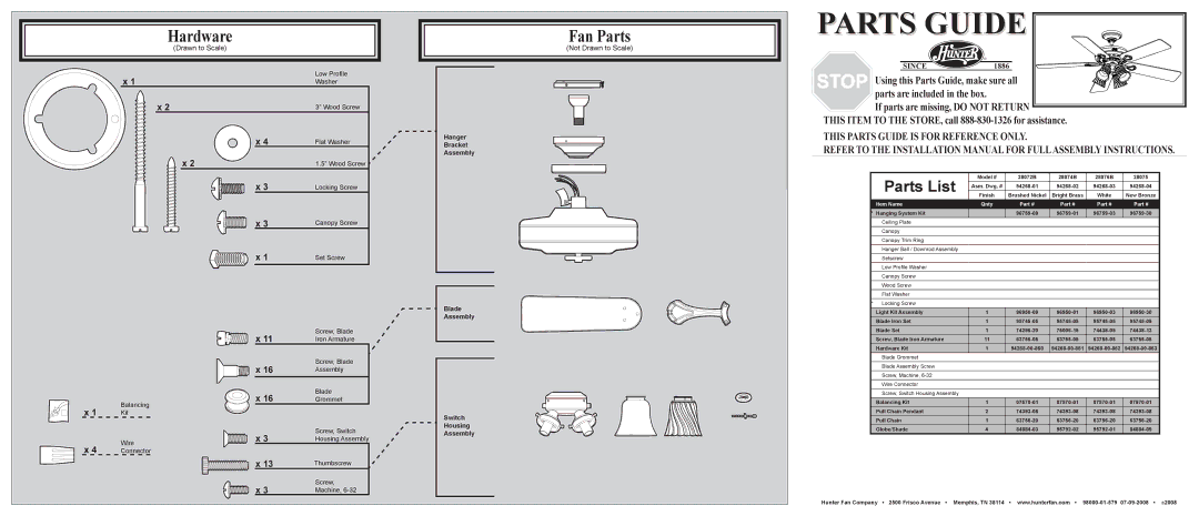 Hunter Fan 28075, 28074B, 28076B, 28072B installation manual Hardware, Fan Parts, Not Drawn to Scale 