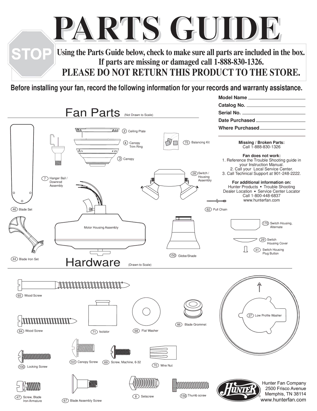 Hunter Fan 28077 warranty Parts Guide 