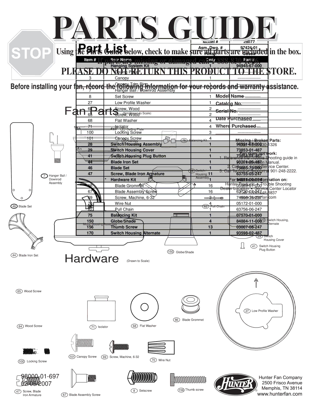 Hunter Fan 28077 warranty Part List, Item # Item Name Qnty 