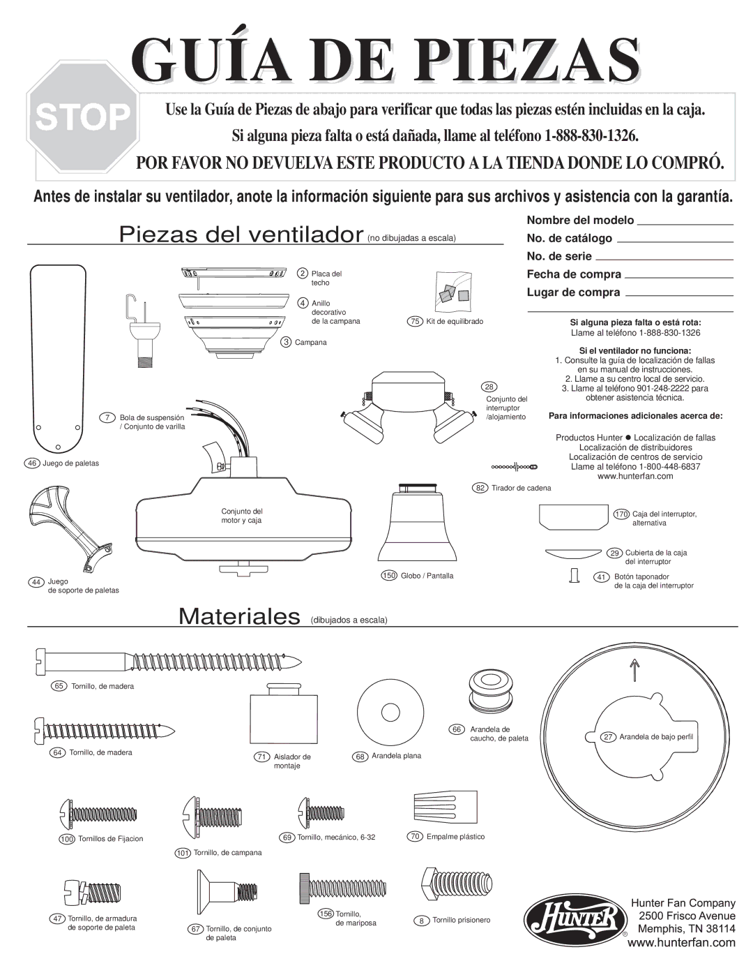 Hunter Fan 28077 warranty Guía DE Piezas 