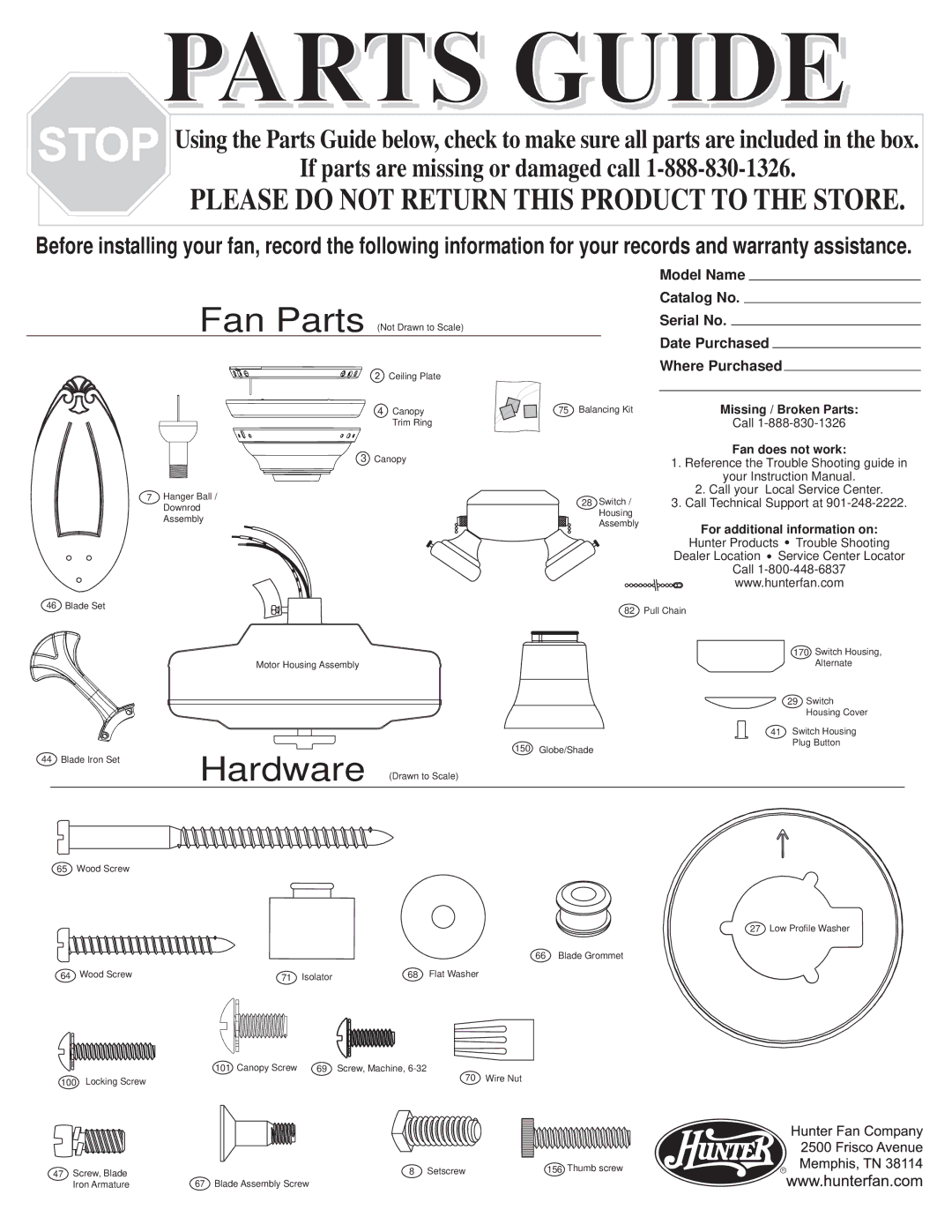 Hunter Fan 28078 warranty Parts Guide 