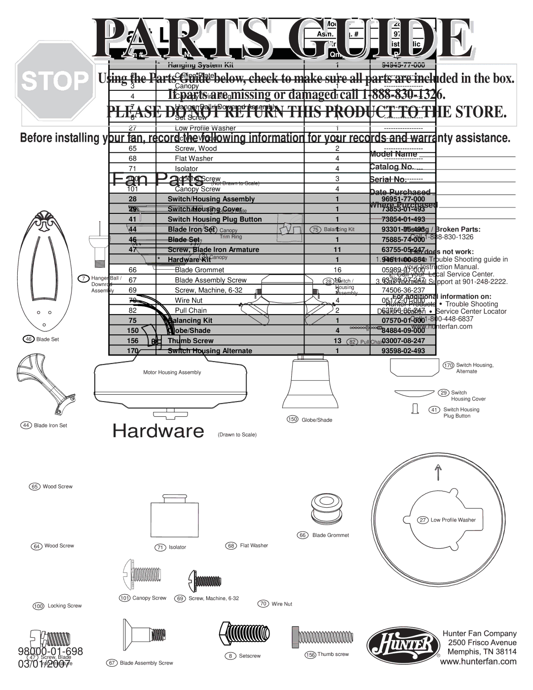 Hunter Fan 28078 warranty Part List, Item # Item Name Qnty 