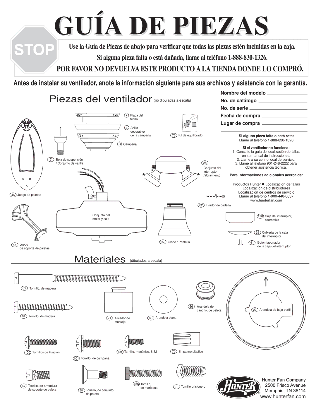 Hunter Fan 28078 warranty Guía DE Piezas 