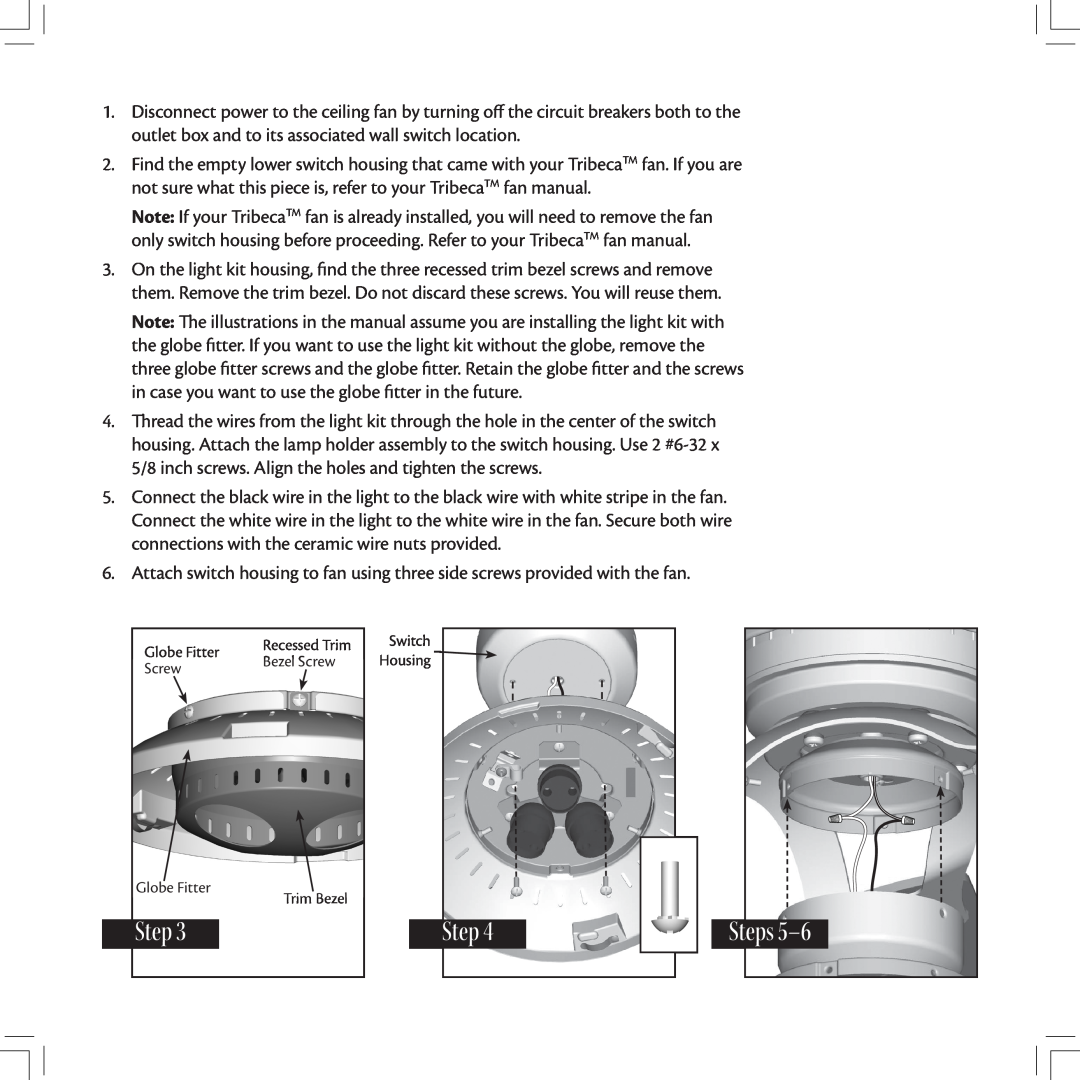 Hunter Fan 28120 installation instructions Steps, Globe Fitter, Bezel Screw, Switch Housing, Trim Bezel 