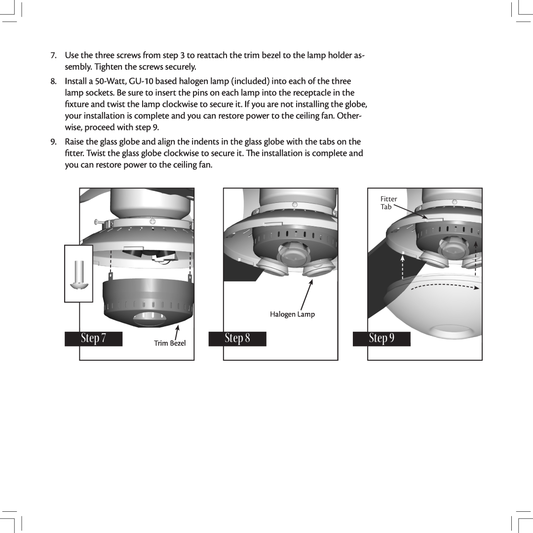 Hunter Fan 28120 installation instructions Step, Fitter Tab, Trim Bezel, Halogen Lamp 
