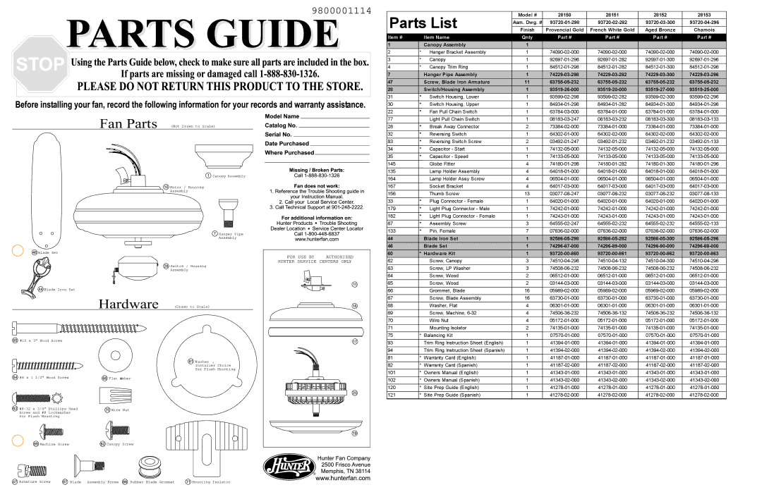 Hunter Fan 28152, 28151, 28150, 28153 instruction sheet Fandoes Work, TroubleShooting 