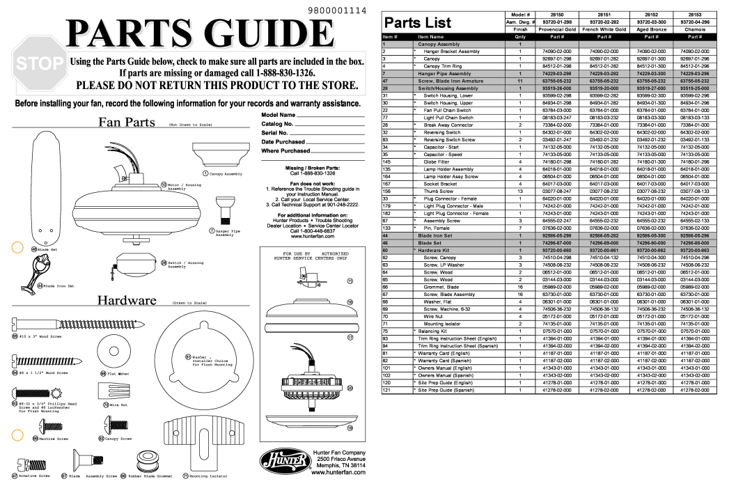 Hunter Fan 28152 instruction sheet CalogNo, Fandoes, work, TroubleShooting, HunterProducts, DateNo, Parts List, Fan Parts 