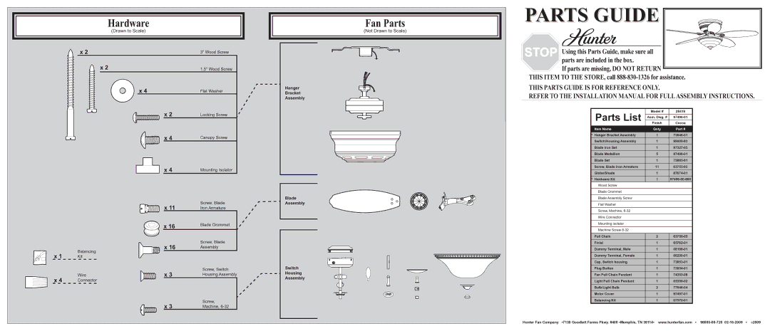 Hunter Fan 28419 installation manual Hardware, Fan Parts, Parts List, Not Drawn to Scale 