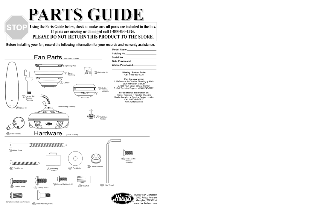 Hunter Fan 2.84453E+19 warranty Missing / Broken Parts, Fan does not work, For additional information on 