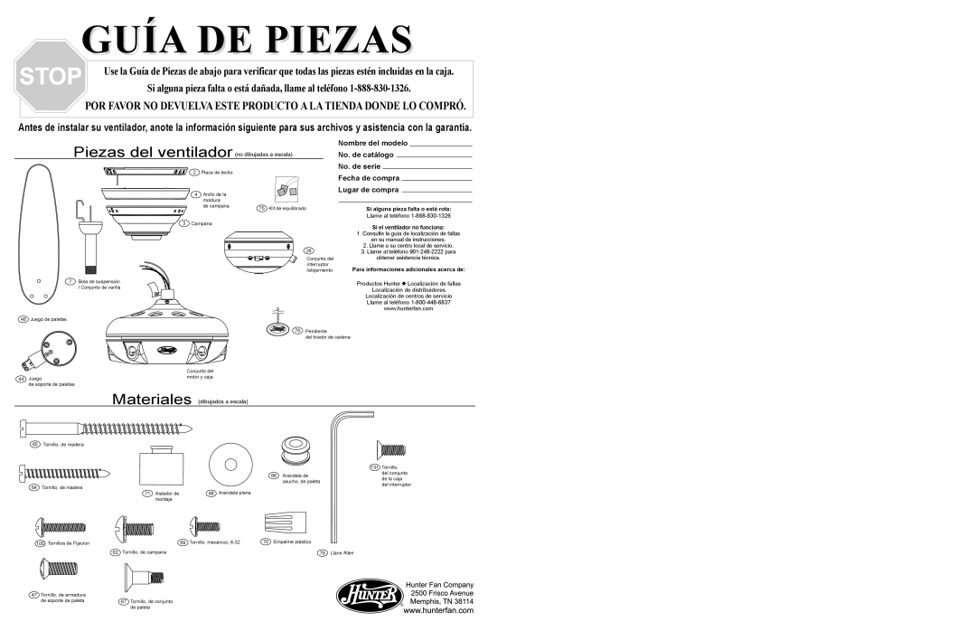 Hunter Fan 2.84453E+19 warranty Guía DE Piezas 