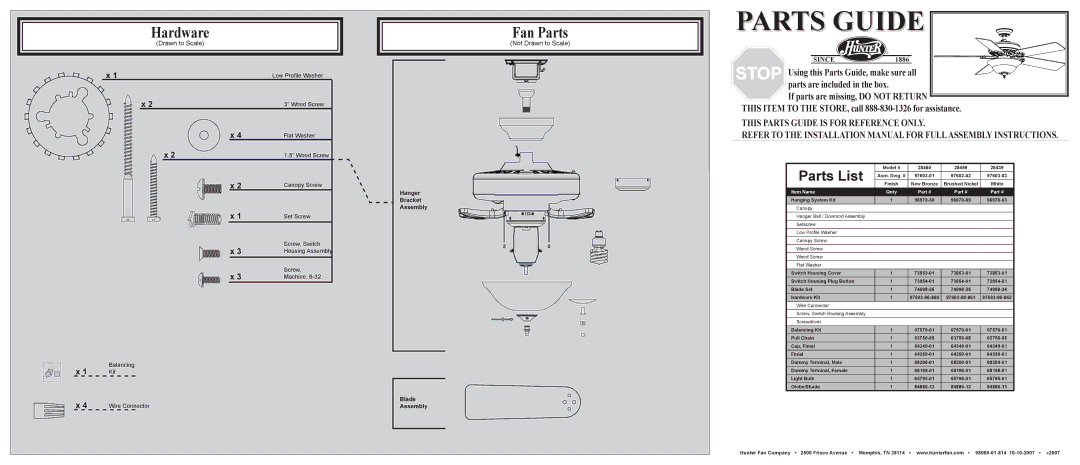 Hunter Fan 28460, 28459, 28439 installation manual Hardware, Fan Parts, Parts List, Not Drawn to Scale 