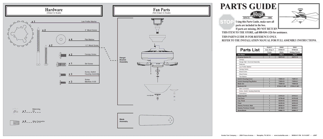 Hunter Fan 28461, 28462 installation manual Hardware, Fan Parts, Parts List, Not Drawn to Scale 