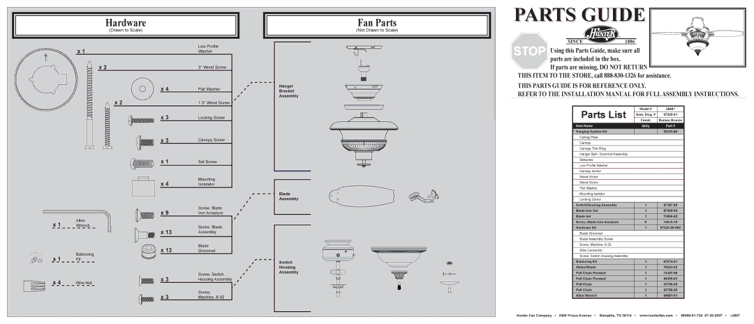 Hunter Fan 28481 installation manual Hardware, Fan Parts, Parts List, Not Drawn to Scale 