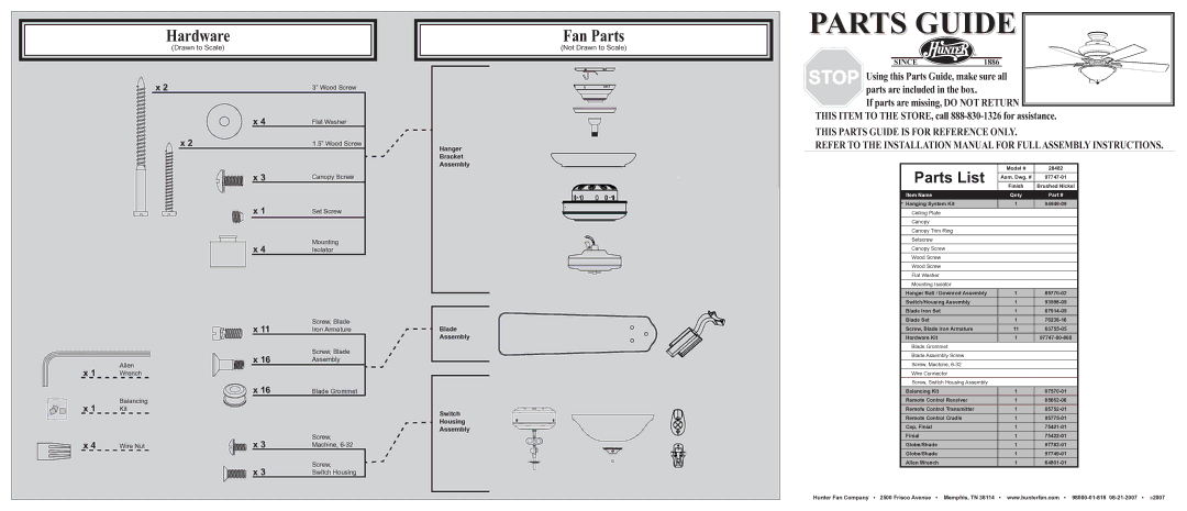 Hunter Fan 28482 installation manual Parts Guide, Hardware, Fan Parts, Parts List 