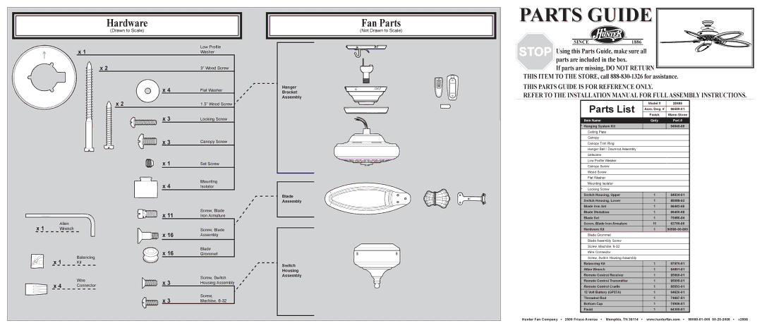 Hunter Fan 28486 installation manual Hardware, Fan Parts, Parts List, Not Drawn to Scale 