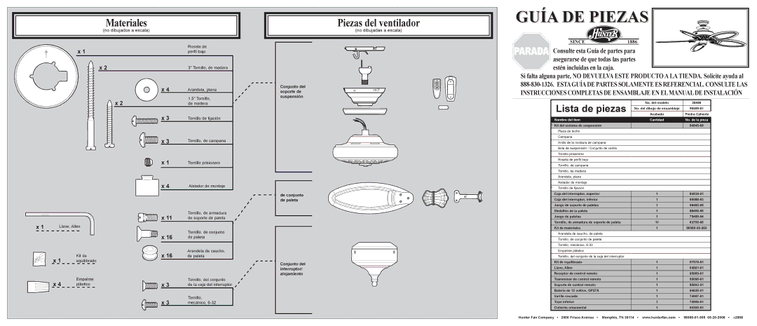 Hunter Fan 28486 installation manual Piezas del ventilador, Lista de piezas, No dibujados a escala, No dibujadas a escala 
