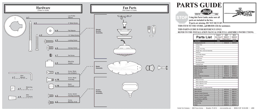 Hunter Fan 28614, 28487 installation manual Hardware, Fan Parts, Parts List, Not Drawn to Scale 