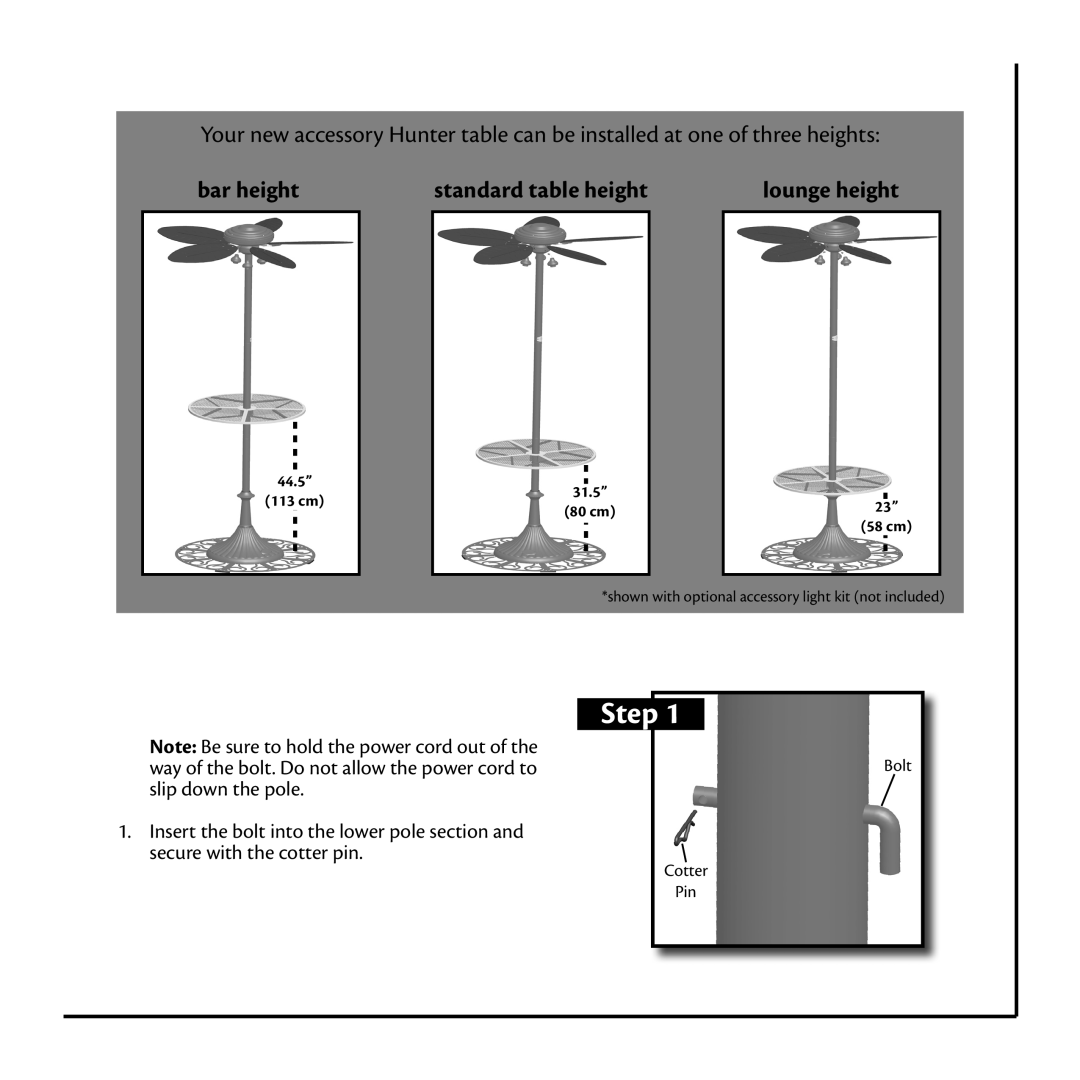 Hunter Fan 20523, 28492 installation instructions Step, bar height, standard table height 