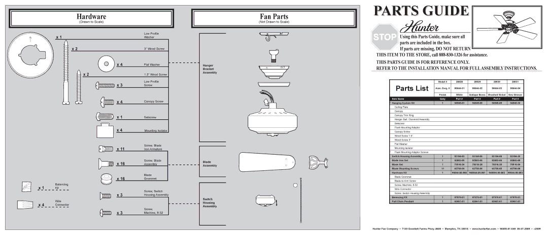 Hunter Fan 28530, 28529, 28528, 28531 installation manual Hardware, Fan Parts, Parts List, Not Drawn to Scale 