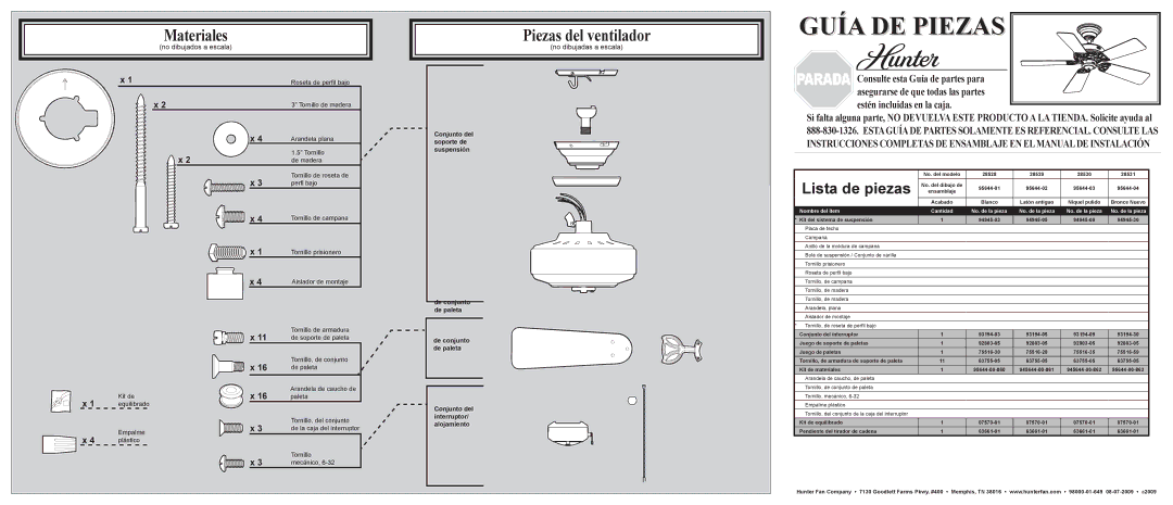 Hunter Fan 28528, 28529, 28530, 28531 Piezas del ventilador, Lista de piezas, No dibujados a escala, No dibujadas a escala 