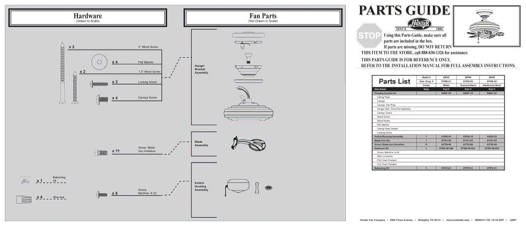 Hunter Fan 28543, 28545, 28544 installation manual Hardware, Fan Parts, Parts List, Not Drawn to Scale 