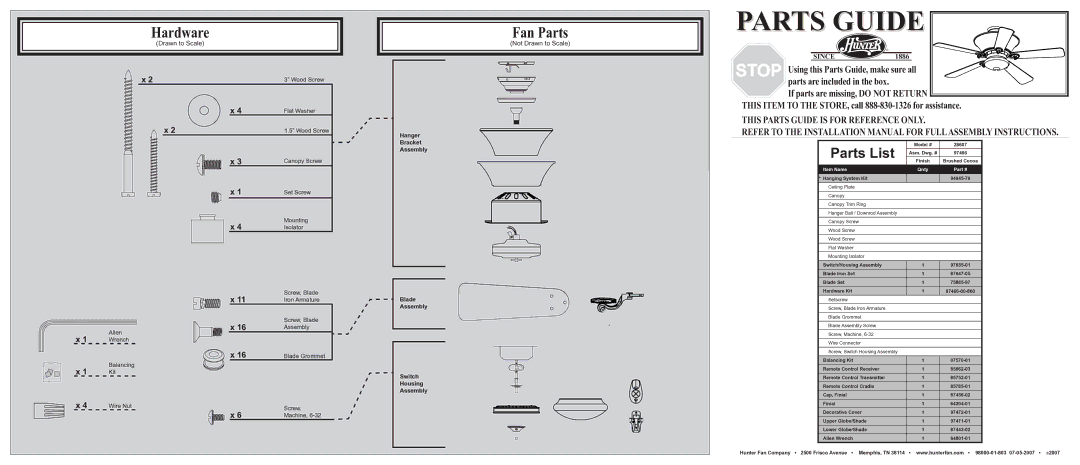 Hunter Fan 28607 installation manual Hardware, Fan Parts, Parts List, Not Drawn to Scale 