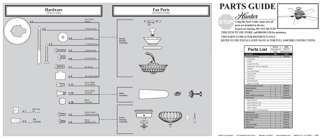 Hunter Fan 28608 installation manual Hardware, Fan Parts, Parts List, Not Drawn to Scale 