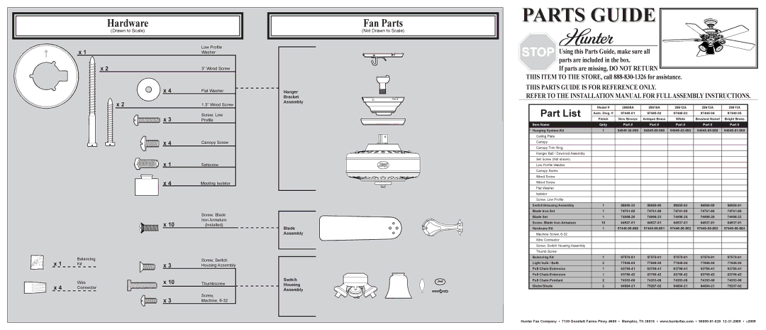 Hunter Fan 28609A installation manual Hardware, Fan Parts, Not Drawn to Scale 