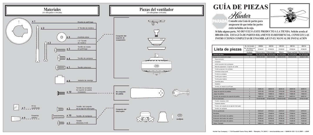 Hunter Fan 28609A installation manual Piezas del ventilador, No dibujados a escala, No dibujadas a escala 